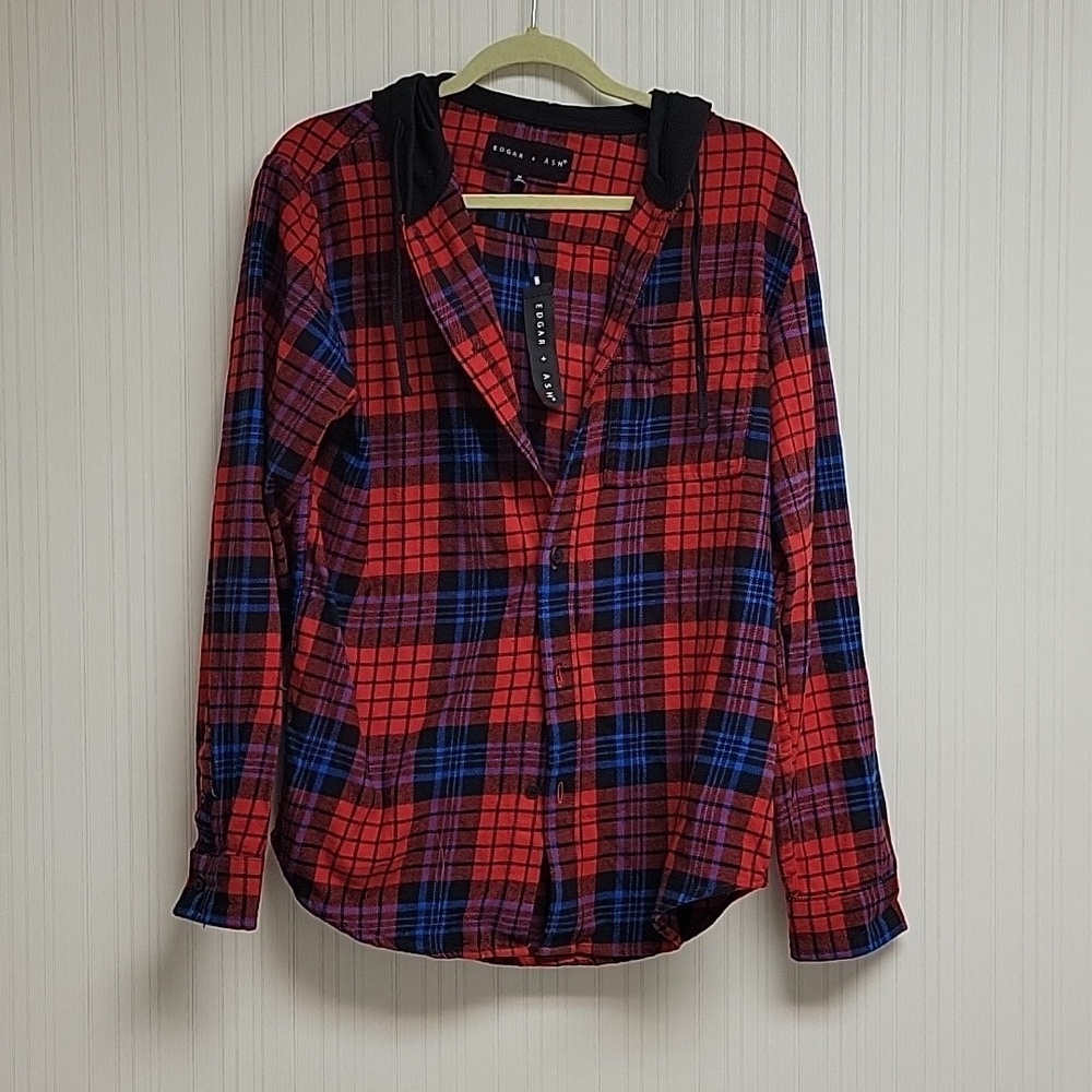 Edgar + Ash long sleeve plaid hooded flannel. Men's medium. new with tags - Picture 1 of 5